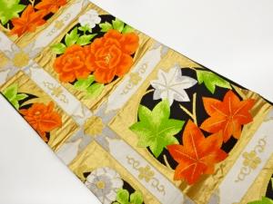 丸文に牡丹・紅葉模様織出し袋帯